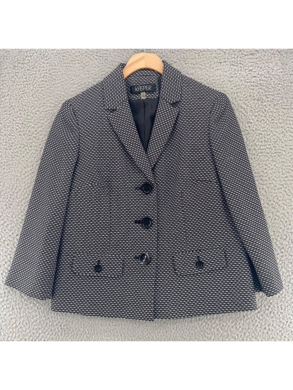 Kasper Blazer Womens 8 Black White Tweed 3/4 Sleeve Notch Lapel Jacket Pockets